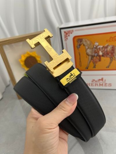 1:1  Hermes Black Leather Belt  with Gold 'H' buckle Steel  Buckle 3.5cm